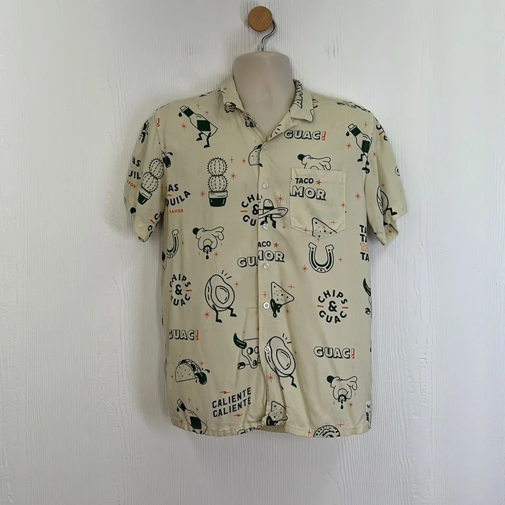 Duvin - Beige Taco Guacamole Fun Graphic Short Sleeve Button Up Size Small - Picture 2 of 12